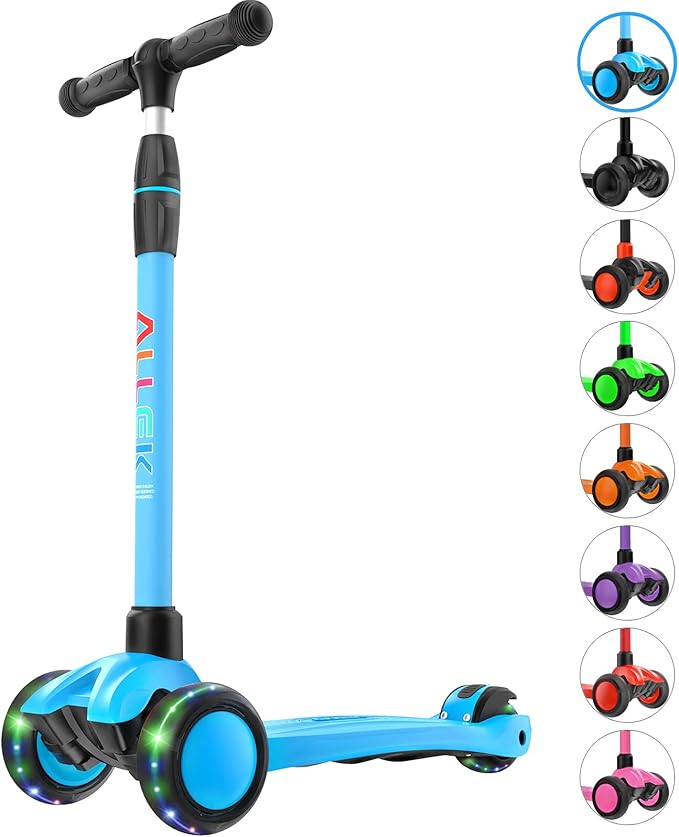 Allek Kick Scooter B03, Lean 'N Glide 3-Wheeled Push Scooter with Extra Wide PU Light-Up Wheels, Any Height Adjustable Handlebar and Strong Thick Deck for Children from 3-12yrs (Aqua Blue)