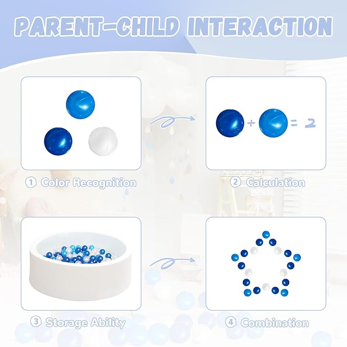 100 Ball Pit Balls for Toddlers, Phthalate & BPA Free Plastic Balls, Crush Proof 2.16" Colorful Balls for Ball Pit Play Toys for Kids with Storage Bag (Pearl Blue, Light Blue, White)