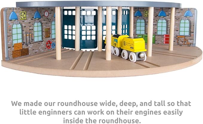 Wooden Railway 5 Engine Bays, Rooftop Rails Full Size Roundhouse with 14-Ways Turntable Compatible with Thomas & Friends Brio Imaginarium Melissa Doug Engine Shed
