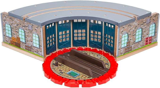 Wooden Railway 5 Engine Bays, Rooftop Rails Full Size Roundhouse with 14-Ways Turntable Compatible with Thomas & Friends Brio Imaginarium Melissa Doug Engine Shed