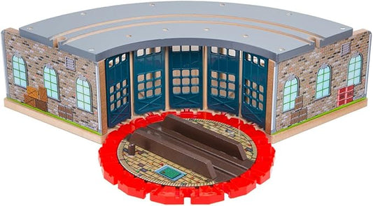 Wooden Railway 5 Engine Bays, Rooftop Rails Full Size Roundhouse with 14-Ways Turntable Compatible with Thomas & Friends Brio Imaginarium Melissa Doug Engine Shed