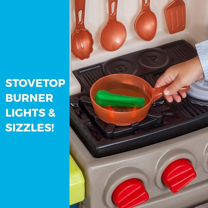 Step2 Elegant Edge Kids Kitchen Playset, Indoor/Outdoor Kitchenette, Interactive Play with Lights and Sounds, Made of Durable Plastic, Includes 78 Piece Toy Accessories, For Toddlers 3+ Years Old