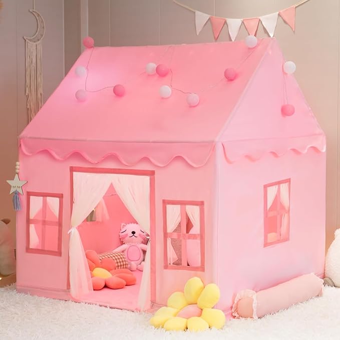 Large Kids Tent Playhouse Basic Mat with Star Lights, Flags and Tote Bags, Kids Play Tent Indoor & Outdoor, Washable Teepee Tent for Boys & Girls, Kids Play House for Toddler（Pink）