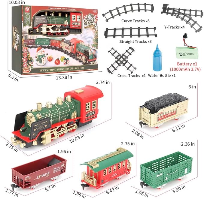 JUQU Christmas Train Set - Electric Train Toys w/Smokes&Lights&Xmas Sounds, Toddler Train Sets for Kids w/Rechargeable Battery & Locomotive Engine, 4 Cars & 21 Tracks for Age 3 4 5 6 7 8+ Boys Girls