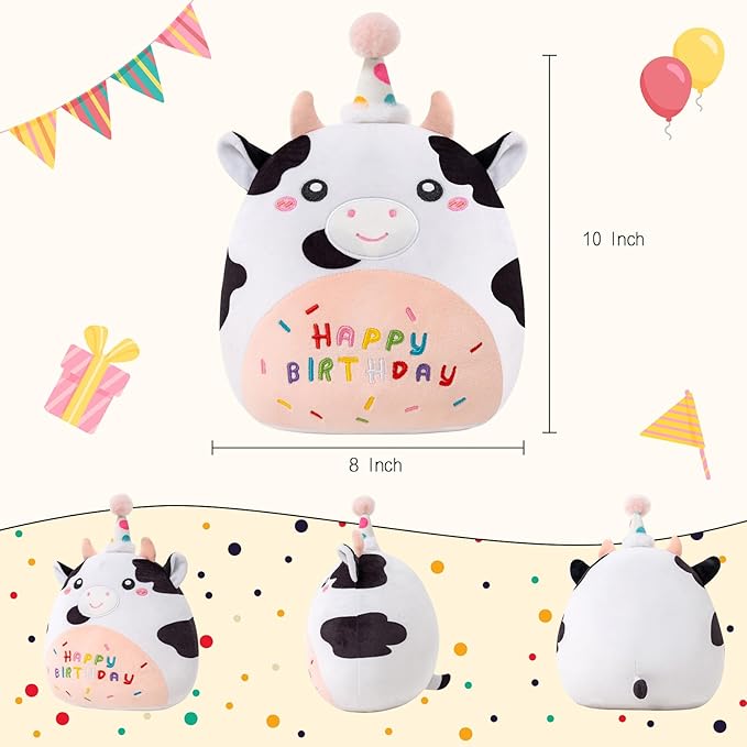 SQEQE Cow Stuffed Animal Kawaii Cow Plushie with Birthday Hat Soft Cow Stuffed Toy Birthday Party Decoration Gift for Kids Girls Boys(Dairy Cow,10 Inch)