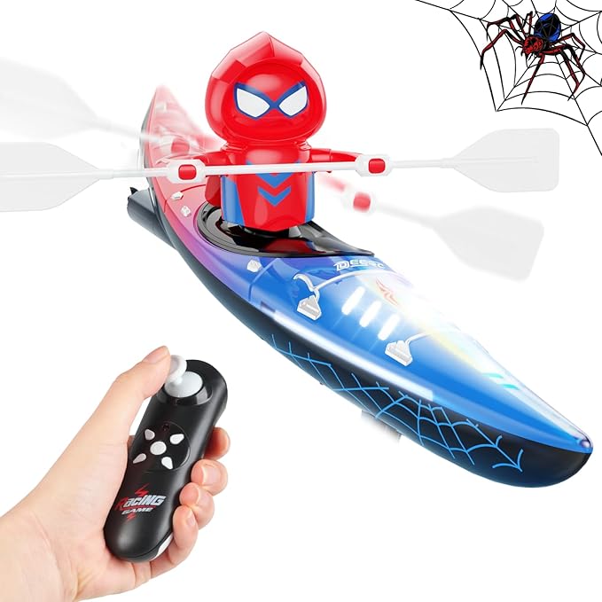 DEERC Mini RC Boat,Remote Control Spider Kayak Boat Pool Water Toys for Kids with Light,Lake,Bathtub,Summer Outdoor Water Toys Gift for Kids Boys Ages 4-8