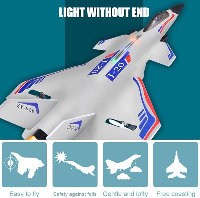 Remote Control Plane RTF J-20 Fire Fang 2.4Ghz 6-axis Gyro RC Airplane with Light Strip, Jet Fighter Toy Gift for Kids Beginner (Stealth White)