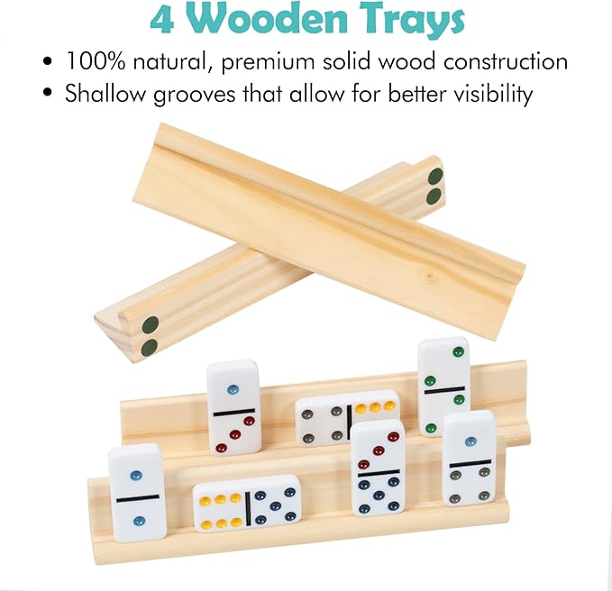 DAILYLIFE Dominoes for Kids, Double 6 Dominoes Set with 4 Wooden Racks/Trays, Double Six Dominoes Set with Portable Case, 28 Tiles Dominos Set for Family Board Games