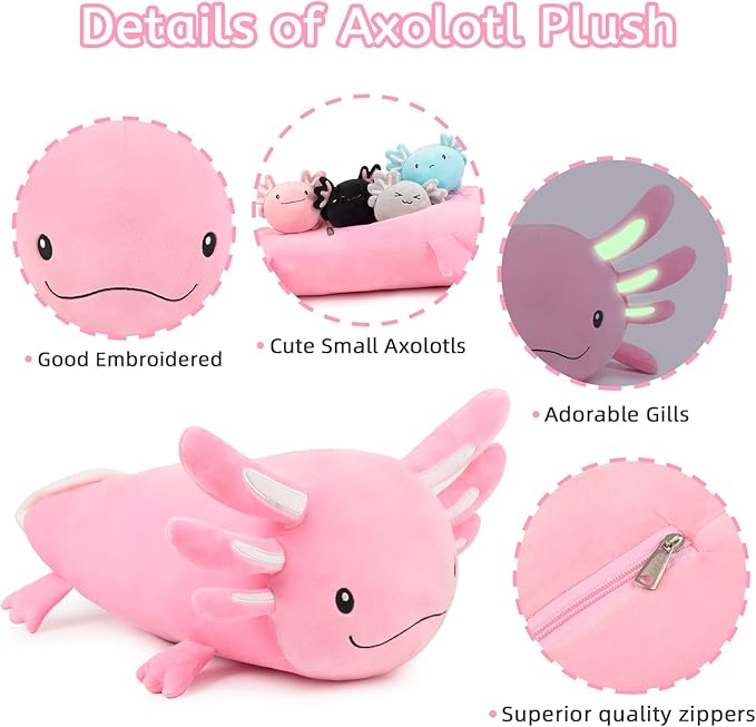 Niuniu Daddy 23" | 5Pcs Axolotl Plush Toys with 4 Babies Inside- Soft Pink Axolotl Stuffed Animal, Cute Birthday Or Christmas Plushies Gift for Girls & Boys