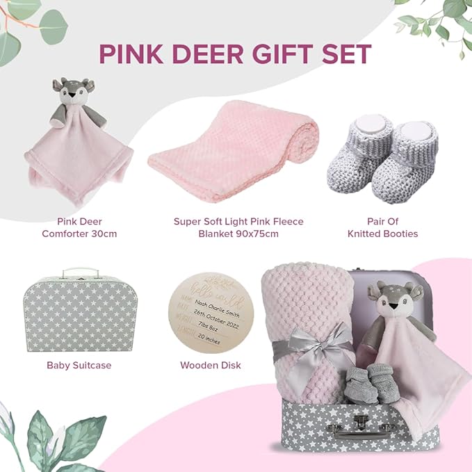 Baby Girl Gift Set New Born Baby Gift Baby Deer Fawn Security Blanket Soft Fleece, Suitcase Keepsake Box Blanket Booties & Baby Gift Basket – Unique Present for Baby Shower & Newborn Lovey