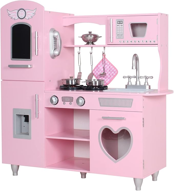 TaoHFE LED Upgrade Kitchen Set for Kids Wooden Play Kitchen LED Gas Tray with Sound Toy Kitchen Sets for Girls Gift Enjoy Cooking with Lights and Sounds Pink Kitchen for Toddlers Kids Kitchen Playset