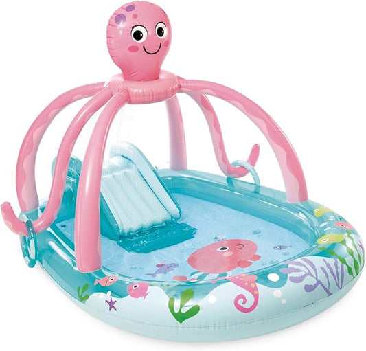 INTEX Friendly Octopus Inflatable Kiddie Pool: Inflatable Kids Pool with Water Sprayer and Slide – Splash Pad – 92" x 72" x 59" – Ages 3+