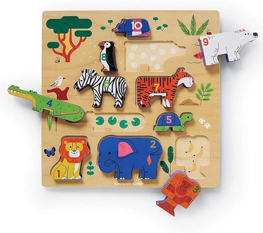 Crocodile Creek Wooden Stacking Puzzle, 10 Chunky Animal Pieces and Two-Sided Base with Play Scene for Kids Ages 2 Years and Up, 11.75 inches, 123 Zoo
