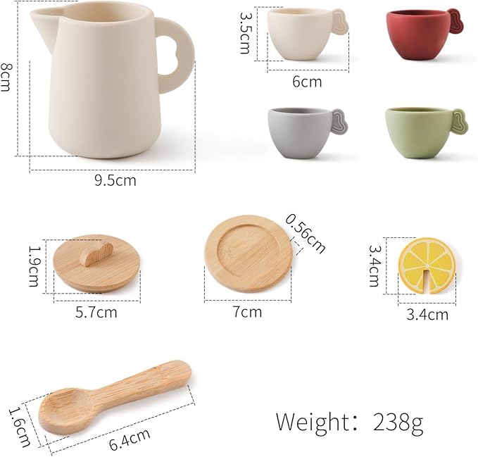 Wooden Tea Set for Little Girls, Enchanting Tea Party Set Silicone Tea Set Teapot Cups Carrying Scoop Kids Kitchen Accessories Toys Toddler Tea Set Girls Gift