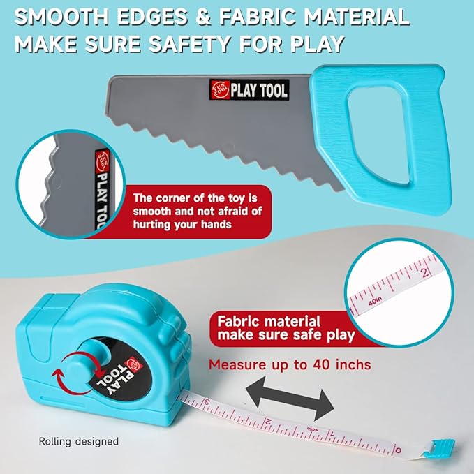 LOYO Kids Tool Set - 50 PCS Pretend Play Kids Toy Tool Box with Kids Construction Vest and Electronic Toy Drill Set for Toddlers Boys Ages 3 , 4, 5, 6, 7 Years Old Christmas Birthday Gift (Blue)