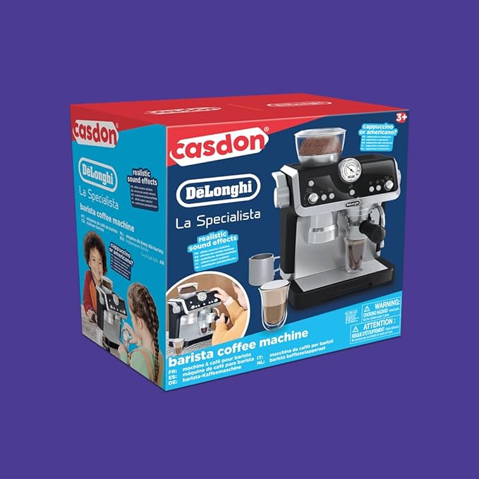 Casdon De'Longhi Toys Barista Coffee Machine. Toy Kitchen Playset for Kids with Moving Parts, Realistic Sounds and Magic Coffee Reveal. For Children Aged 3+, Silver, Black