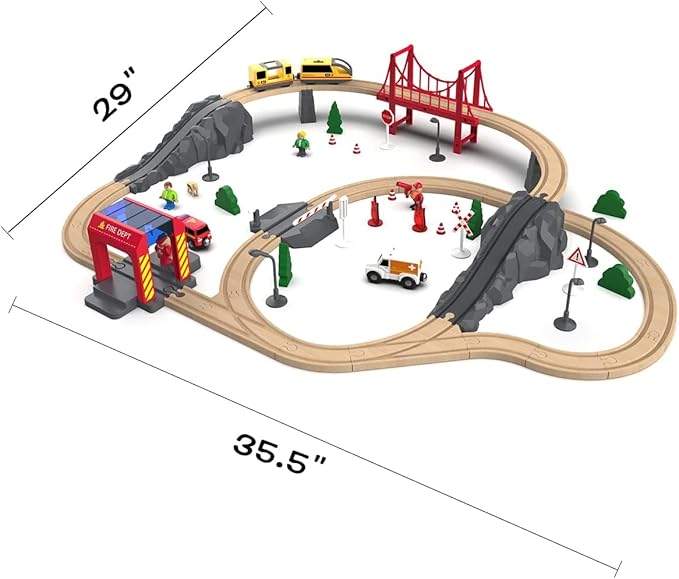 Giant bean 72PCS Fire Station Wooden Train Track Electric Train Set, Gift Packed Toy Railway Kits for Kids, Toddler Boys and Girls 3,4,5 Years Old and Up, Christmas Birthday Gift Toy for Kids