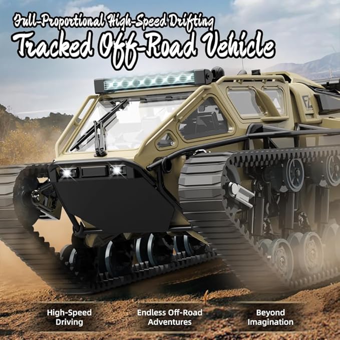 RC Tank Car, 1:16 Remote Control Crawler 10KM/H High Speed Tank, 2.4Ghz RC Rock Crawler Off-Road 4WD 360°Rotating Drifting Car with 2 Batteries, Military Truck Toy for Kids