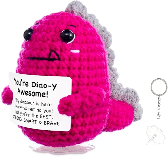 Funny Easter Basket Stuffers Positive Crochet Stuffed Animals Dinosaur, Stress Relief Gifts for College Student Graduation Boyfriend Husband Women Birthday Desk Decor (Hot Pink Dinosaur)