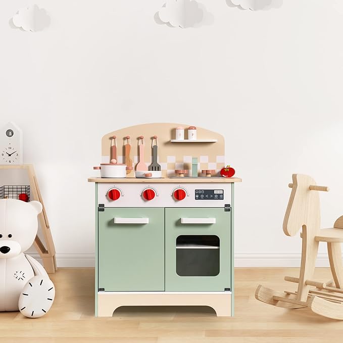 ROBOTIME Wooden Play Kitchen for Kids, Realistic Toddler Kitchen Set, Wood Chef Pretend Kids Kitchen Playset, Toy Kitchen for Kids Boys Girls Ages 3 to 8 (Green)