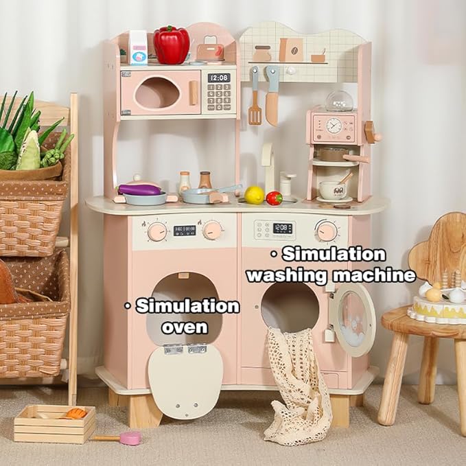 Play Kitchen for Kids - Wooden Pretend Play Kitchen Set Toy with Washing Machine and Coffee Grinder, Toys Kitchen Gift for 3+ Year Old Kids, Girls & Boys