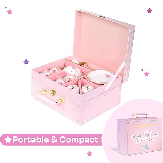 Jewelkeeper Porcelain Tea Set for Little Girls with Pink Picnic Basket - 13 Pieces Mini Toddler Tea Sets for Girls 2-4 - Real Cups, Teapot, and Saucers - Children Playset - Floral Design