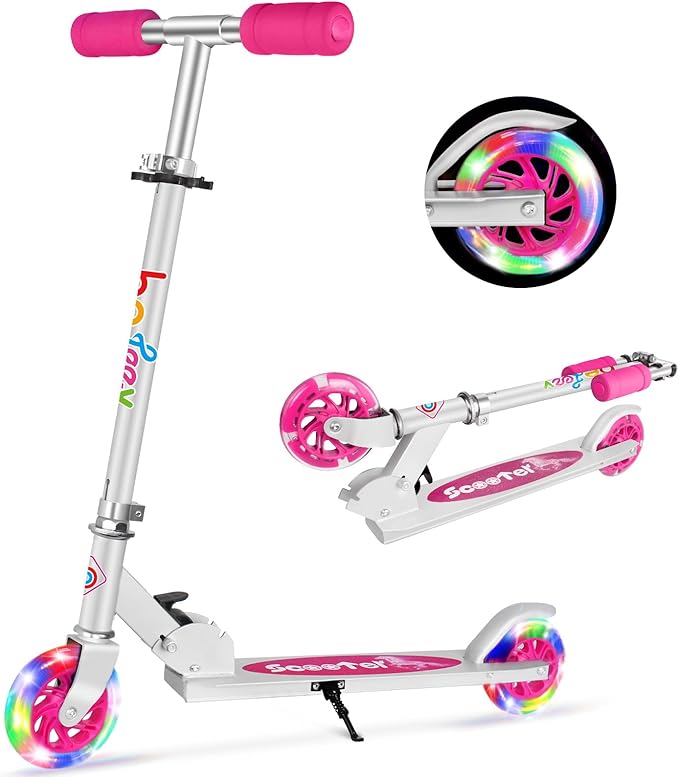 BELEEV V1 Scooters for Kids, 2 Wheel Folding Kick Scooter for Girls Boys, 3 Adjustable Height, Light Up Wheels, Lightweight Scooter with Sturdy Frame, Kickstand for Children 3 to 12 Years Old