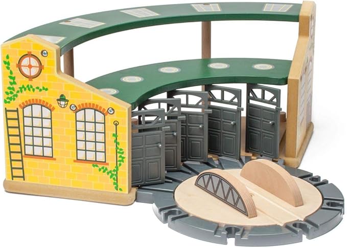 inc. Wooden Train Round House Combo with Rotating Turntable, Train Shed to House 5 Engines or Cars, Wooden Train Track Accessories Compatible with Major Brand Railway Sets