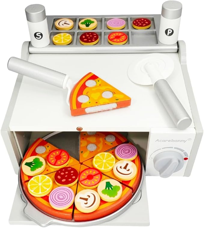 TEKOR Toys Toy Pizza Oven Set | Pizza Oven | Pizza Cutter | Server | 6 Slices | 18 toppings | Salt & Pepper Shaker | Menu | Money | Children Kids Apron & Chef Hat| Using Imagination and Endless Fun