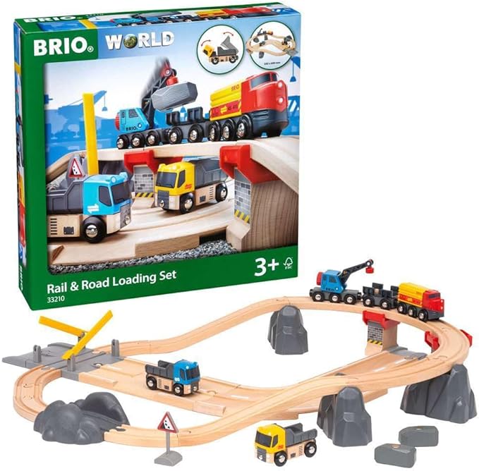 BRIO World 33210 - Rail & Road Loading Set - 32 Piece Wooden Train Set | Ideal for Kids Aged 3+ | with Special Crane Car & Flatbed Idea