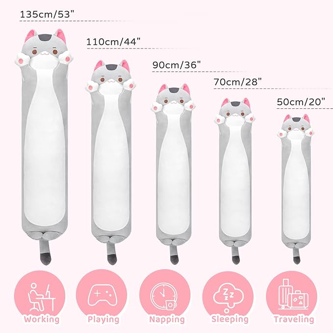 Long Cat Plush Kids Body Pillow, 36 Inch Cute Gray Cat Stuffed Animals Soft Plushies, Kitten Kawaii Plush Throw Pillow Doll Toy Gift for Girlfriend