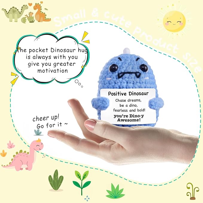 Funny Easter Basket Stuffers Positive Crochet Animals Dinosaur, Stress Relief Gifts for College Student Graduation Boyfriend Husband Women Birthday Desk Decor (Light Blue Dinosaur)
