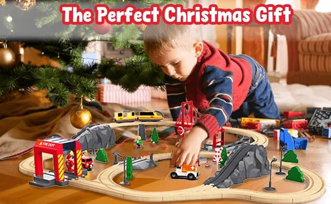 Giant bean 72PCS Fire Station Wooden Train Track Electric Train Set, Gift Packed Toy Railway Kits for Kids, Toddler Boys and Girls 3,4,5 Years Old and Up, Christmas Birthday Gift Toy for Kids