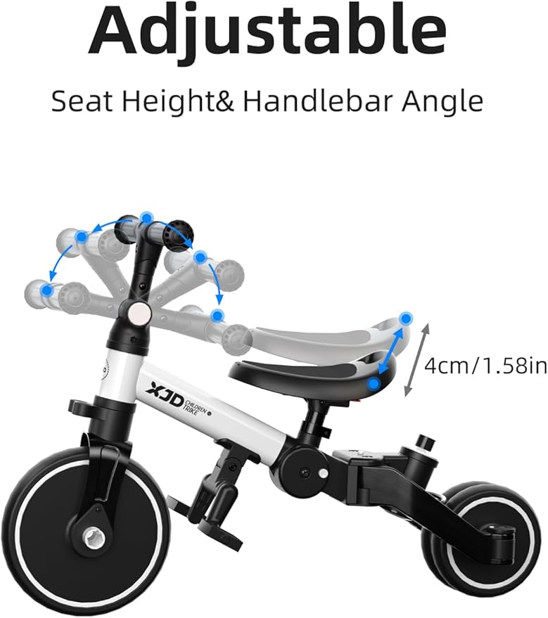 XJD Toddler Bike, 6 in 1 Folding Toddler Tricycle for 1-4 Year Old with Push Handle, Balance Bike with Removable Pedal,Backrest, Adjustable Seat Height and Handle, First Birthday Gifts (White)