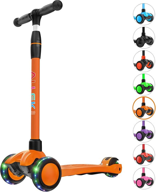 Allek Kick Scooter B03, Lean 'N Glide 3-Wheeled Push Scooter with Extra Wide PU Light-Up Wheels, Any Height Adjustable Handlebar and Strong Thick Deck for Children from 3-12yrs (Orange)