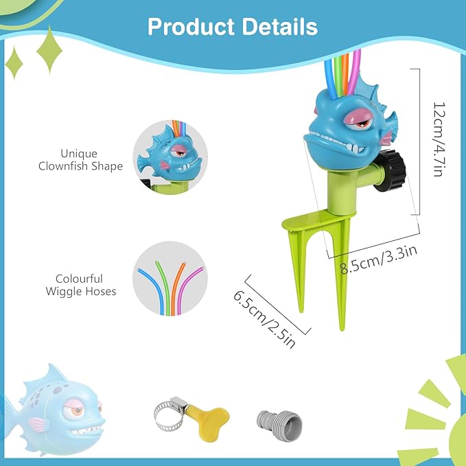 MoKo Water Sprinkler for Kids, Piranha Toddler Outdoor Toys with 4 Wiggle Tubes and Hose Clamp, Outdoor Play Toys Spray Up to 8ft, Summer Water Toys Sprinklers for Yard Lawn Garden Pool, Blue