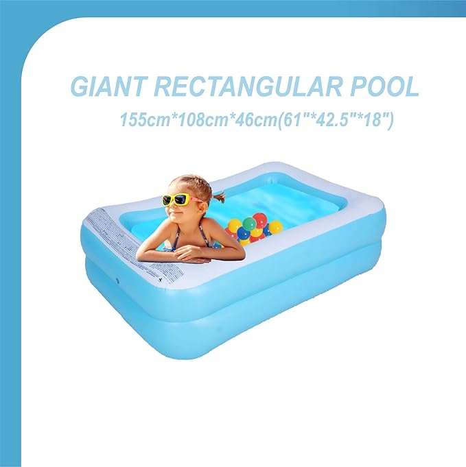 Inflatable Kiddie Swimming Pool, Outdoor Blow Up Rectangular Pool for Kids and Toddler (61"x42.5"x18")