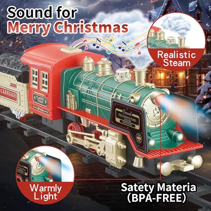 JUQU Christmas Train Set - Electric Train Toys w/Smokes&Lights&Xmas Sounds, Toddler Train Sets for Kids w/Rechargeable Battery & Locomotive Engine, 4 Cars & 21 Tracks for Age 3 4 5 6 7 8+ Boys Girls