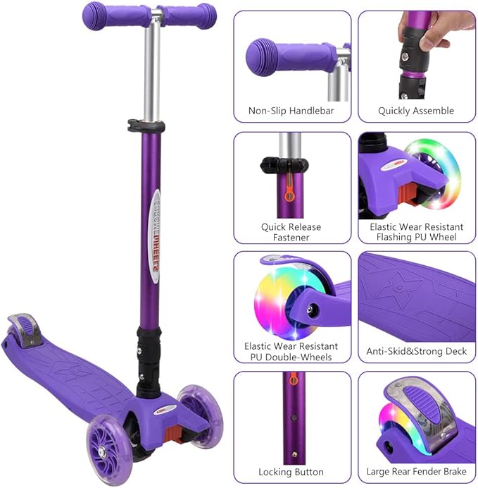 ChromeWheels Scooters for Kids, Deluxe Kick Scooter Foldable 4 Adjustable Height 132lbs Weight Limit 3 Wheel, Lean to Steer LED Light Up Wheels, Best Gifts for Girls Boys Age 3-12 Year Old