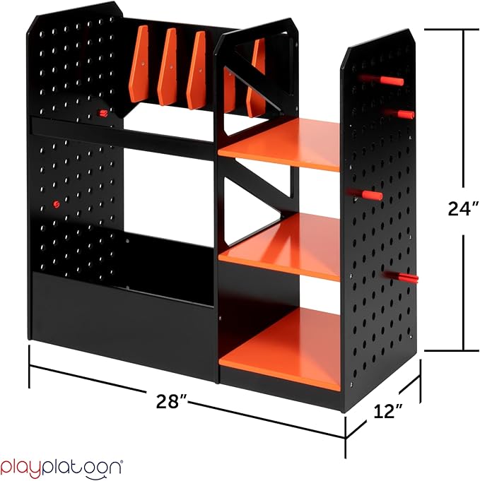 Play Platoon Storage Rack for Nerf Gun Storage & Nerf Accessories, Sturdy Wood Construction, Dart Holder & 6 Gun Holder for Wall with Pegboard Wall Organizer, Includes 20 Pegs
