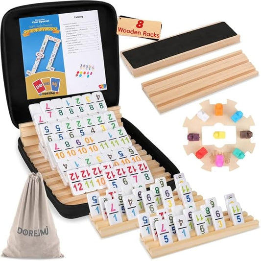 Double 12 Mexican Train Dominoes Set with 8 Wooden Racks & 91 Number Tiles Portable Travel Board Game for Kids and Adults Family Game Night