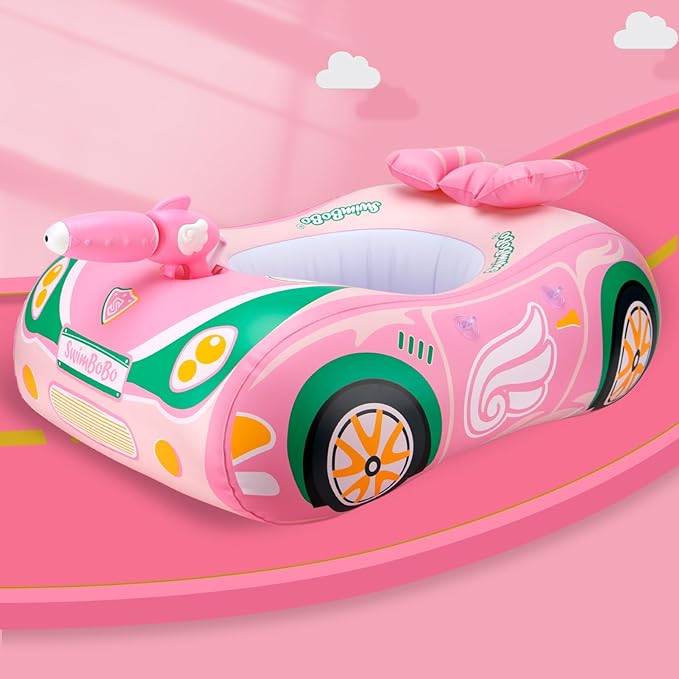 Swimbobo Toddler Pool Float Pink Inflatable Airplane Car Baby Swim Float with Water Gun and Safety Seat Pool Toys for Kids 3+ Years Old
