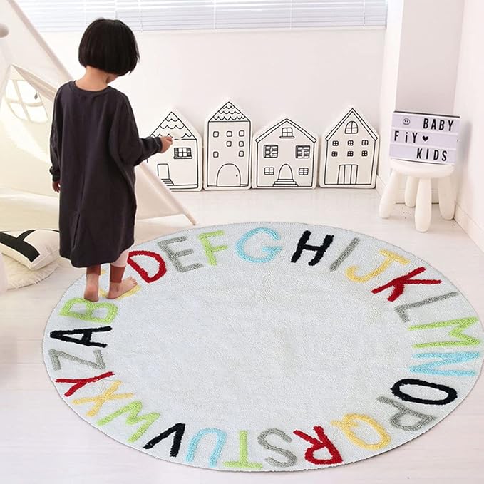 Round ABC Kids Carpet Large Playmat - Play Learn and Have Fun Safely, Hand Woven Alphabet Baby Crawling Mat, Educational Soft Rug, Baby Shower/Birthday Gift, Colorful