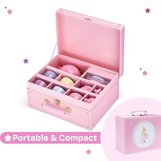 Jewelkeeper 13 Piece Complete Toddler Porcelain Tea Party Set - Exquisite Tea Cup Set for Little Girls - Includes Sugar Bowl, Creamer, Saucers in a Carrying Case - Colorful Pastel Dots