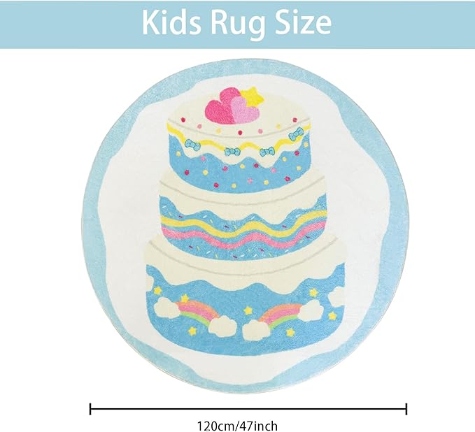 Kids Rug 4Ft Round Cake Bedroom Carpet Circle Blue Playroom Area Rug Rainbow Play Mat for Boys Girls Nursery Living Room Classroom Decor Washable Children Throw Rug, Blue
