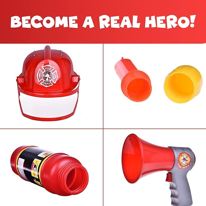 Liberty Imports 10 PCs Fireman Gear Firefighter Costume Role Play Career Dress Up Starter Toy Accessories Pretend Play Set with Helmet, Tools for Kids, Toddlers