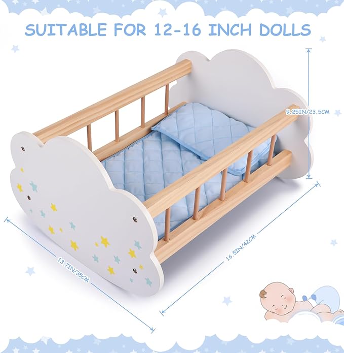 BABESIDE Wooden Baby Dolls Bed for 12-16 Inches Doll, Rocking Babys Doll Crib, Sleep Bed, Baby Dolls Accessories Furniture fit Newborn Dolls Boys & Girls