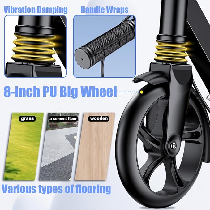 Dual-Brake Shock-Absorbing Kick Scooter, Anti-Skid PU Wheels, 4 Height-Adjustable Positions, Wider Pedals, Suitable for Children Over 6 Years Old, Teenagers & Adults