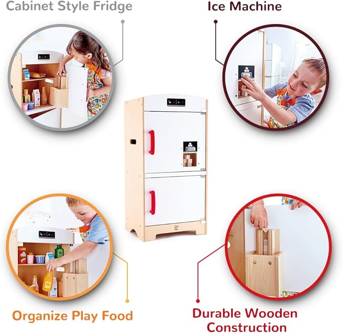 Hape Gourmet Kitchen Wooden Fridge | Cabinet Style Refrigerator Fridge Freezer with Ice Dispenser