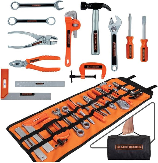 BLACK+DECKER Kids Tool Bag Set 13-Piece Junior Roll Up Bag Pretend Play Tools, Hammer, Phillips Screwdriver, Pliers, Adjustable Wrench & More! for Boys & Girls Ages 3+